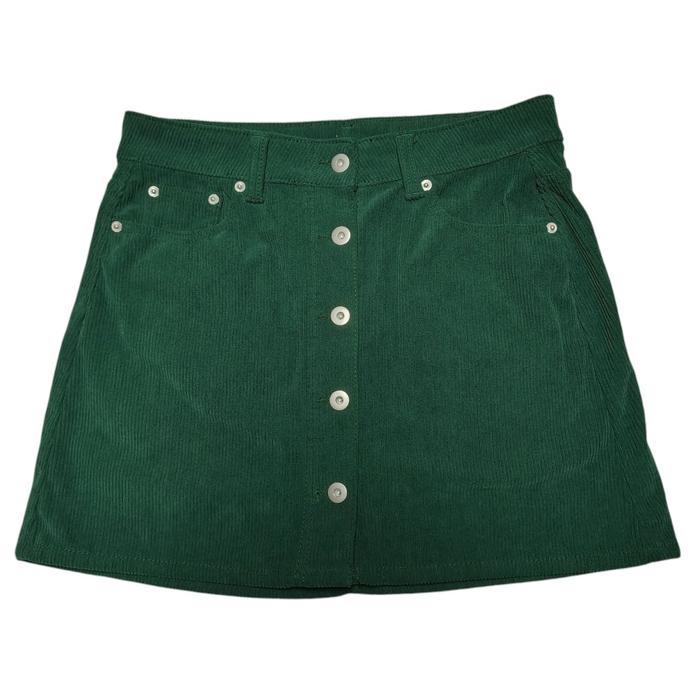 Retro Corduroy Mini Skirt Women Size 7 Green Button Front‎ Goblincore Indie